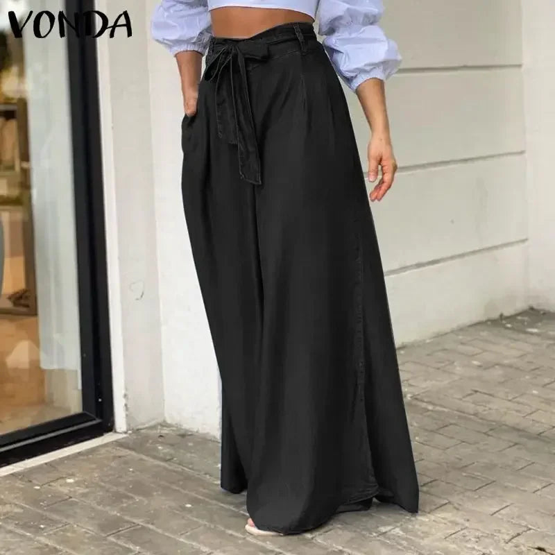 Women Denim Long Loose Wide Leg Pants High Waist Full Length Solid Color Trousers Jeans