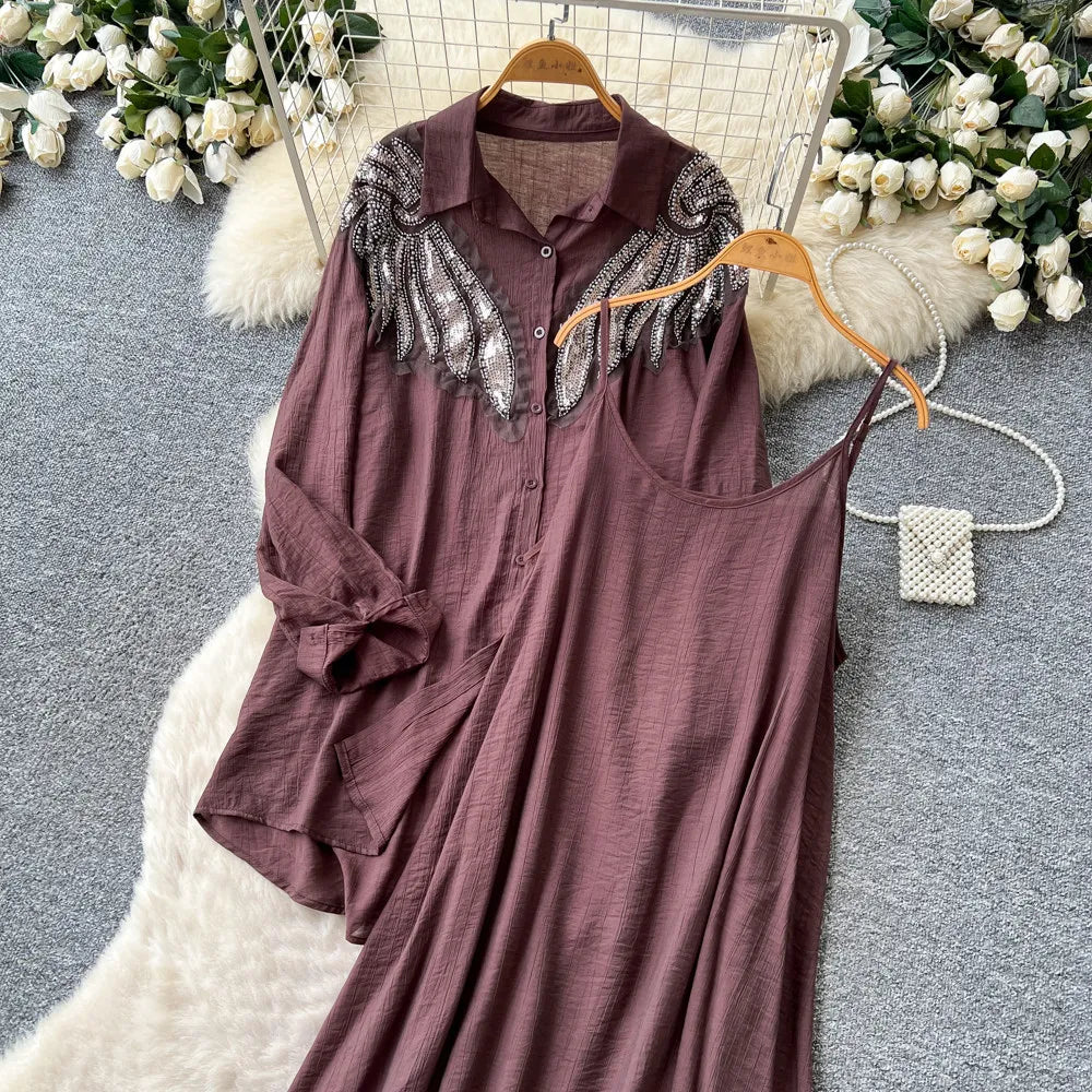 Women Two Piece Sets Dress Set Full Sleeve Shirt Casual Loose Long Dresses Sling A Line Y2k Streetwear Elegant Work Summer 2026