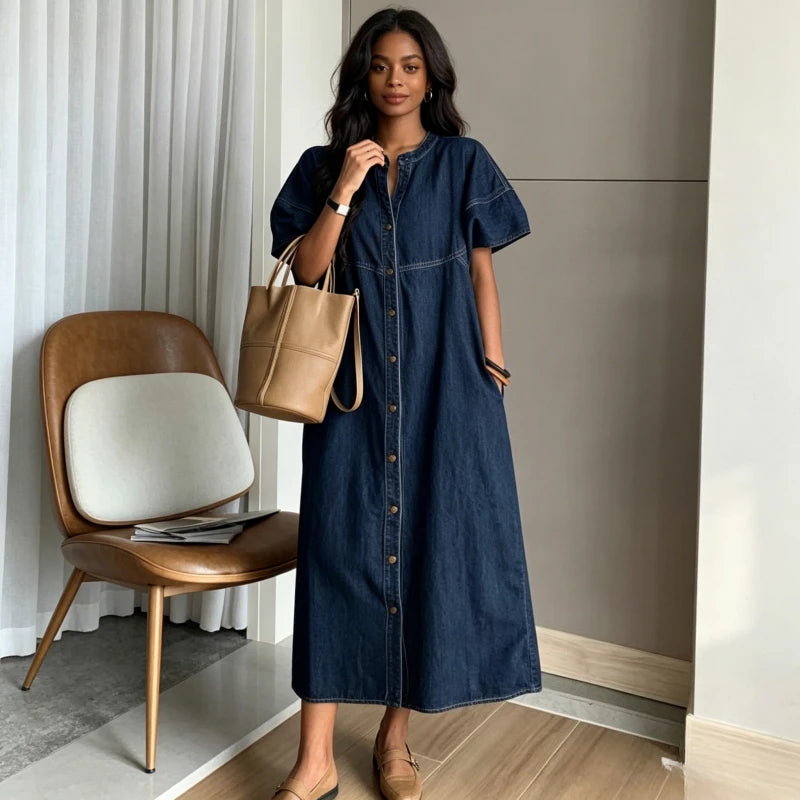 Long Dress Women Denim Dresses V Neck Short Sleeve A Line Vestidos Elegant Splice Single Breasted Y2k Streetwear Work Vintage
