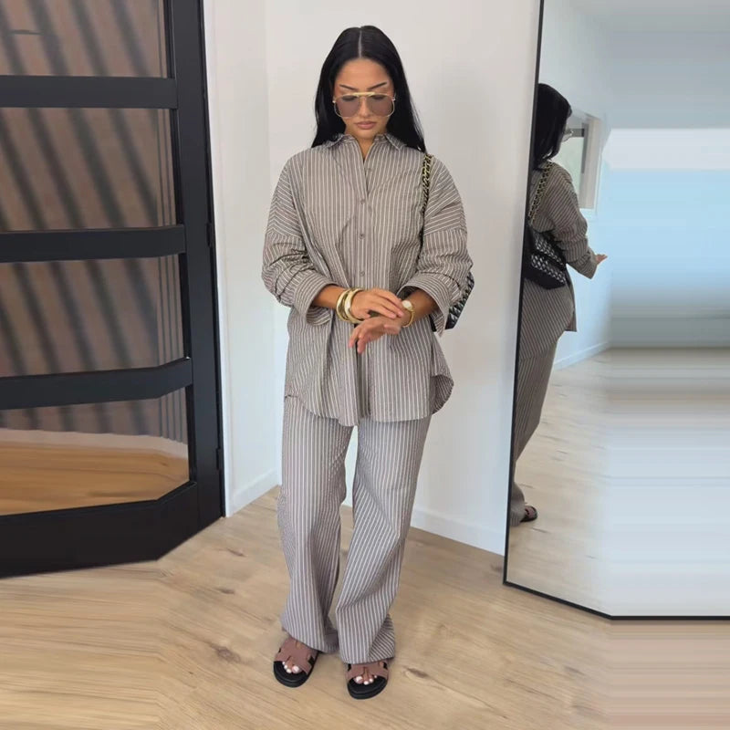 Lapel Short Sleeve Pocket Solid Color Shirt Pants Set Loose Fit Straight Leg Trouser 2026 Spring Casual Women Daily Outfit