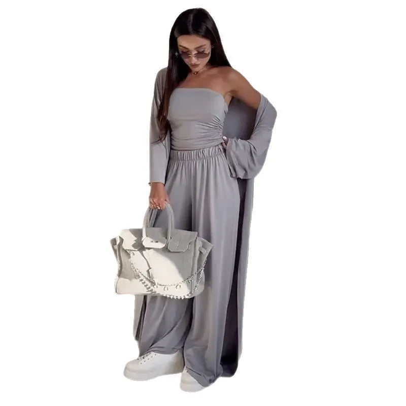 2 Piece Set Women's Summer Suit Black Crop Top Beige Wide Leg Pants Maxi Length White Long Pants Ruched Waist Solid Color