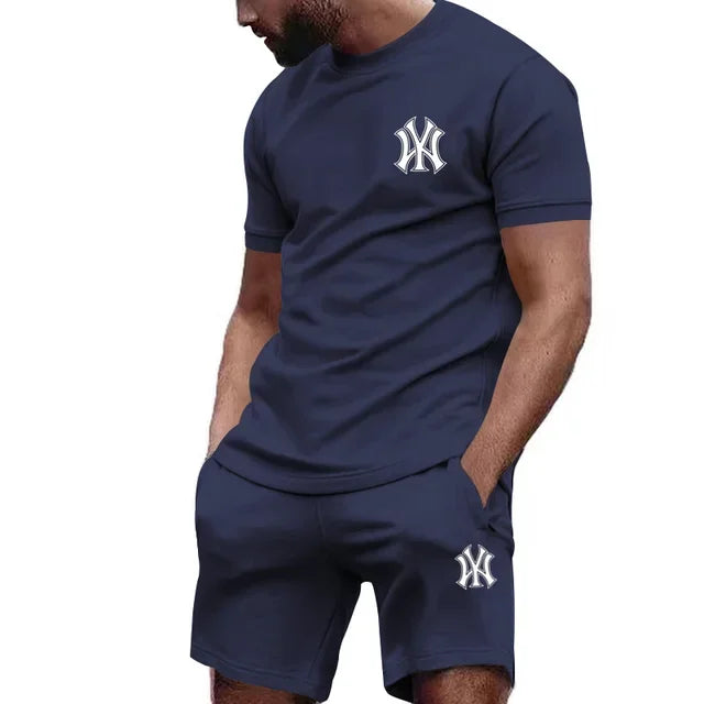 New hot selling 2026 men's two-piece sportswear short sleeved T-shirt and pants set running fitness summer