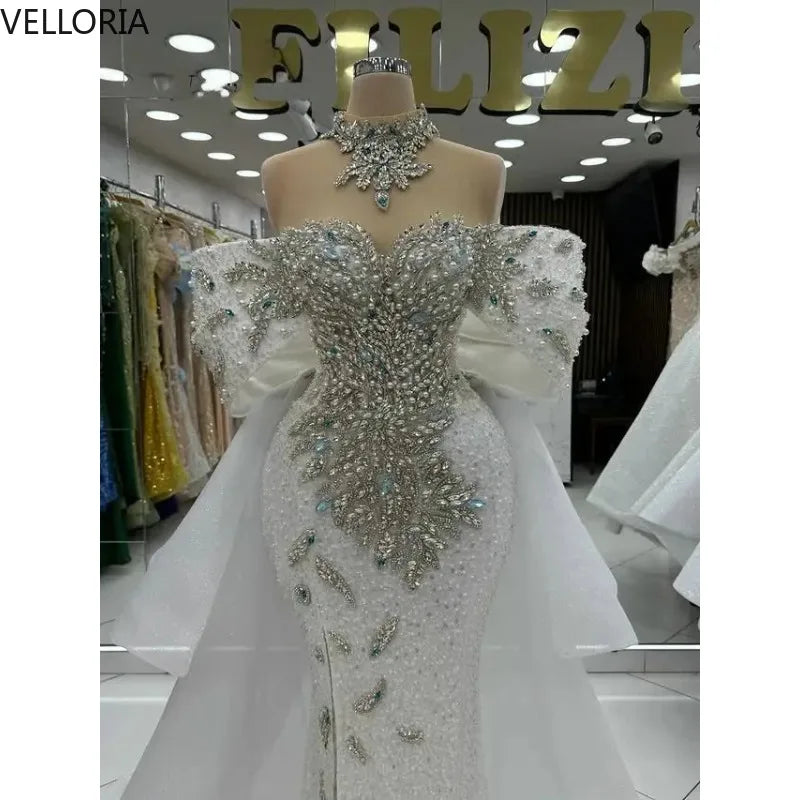 Luxury Evening Dresses For Women Off Shoulder Sleeveless Ball Gown Pearls Appliques Crystal Train Party Dress vestido Customized