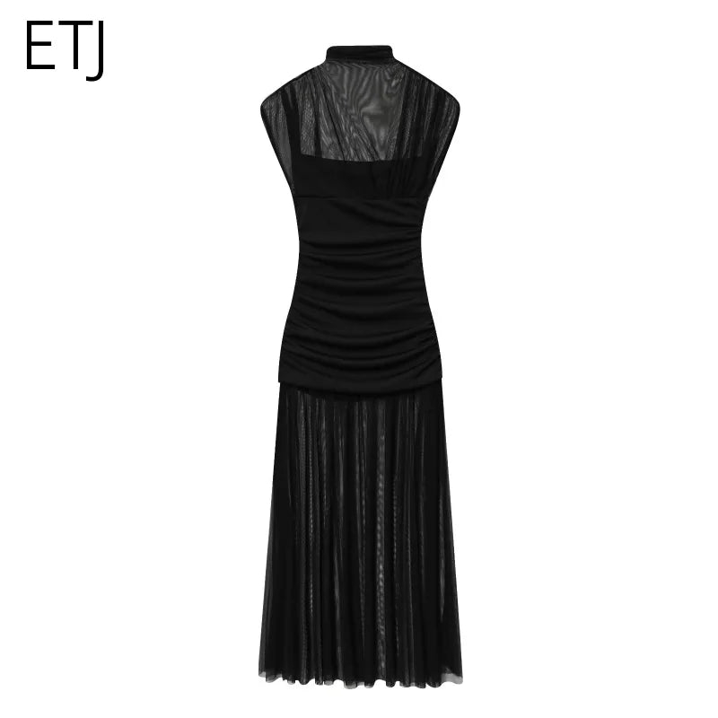 ETJ 2025 new women's party sexy see-through long dress fashion silk mesh stitching stand collar sleeveless dress