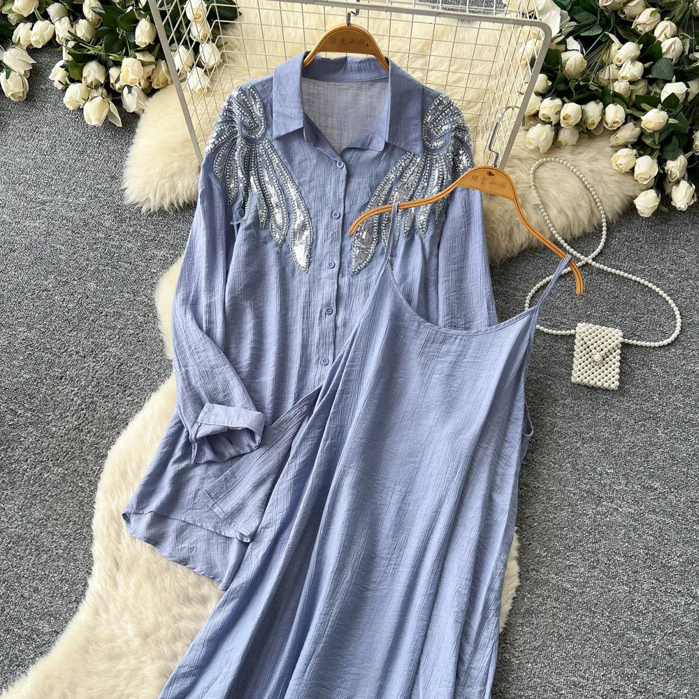 Women Two Piece Sets Dress Set Full Sleeve Shirt Casual Loose Long Dresses Sling A Line Y2k Streetwear Elegant Work Summer 2026