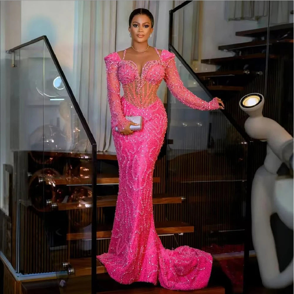 Customized Lace Sparkling Reception Gowns Prom Dresses Black Women Birthday Evening Dresses Elegant Long Sleeves Beaded