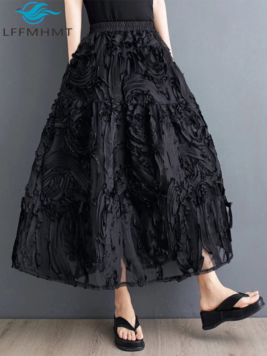 Black Skirt for Women Summer Fashin Heavyweight Chic Design Pleated A-line Easy Match Elastic Waist Dress Female Creative Skirt