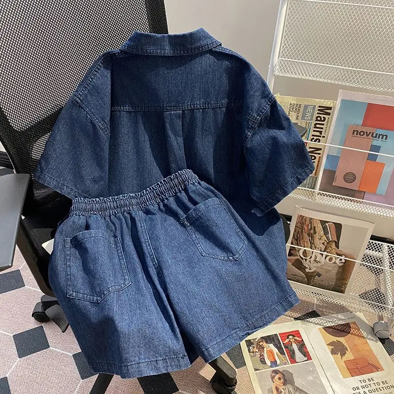 Denim Pant Set Women Two Piece Sets Turn Down Collar Shirt Tops Short Pants Lace Up Elastic Waist Y2k Streetwear Elegant Casual