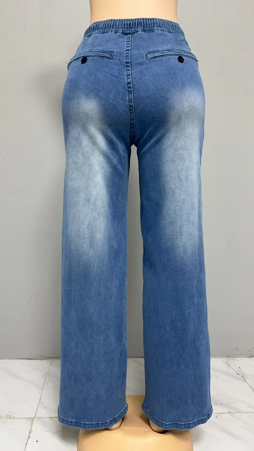 Women Jeans Wide Leg Pants Streetwear Denims Drawstring High Waist Washed Distressed Pockets Female Vintage Straight Trousers