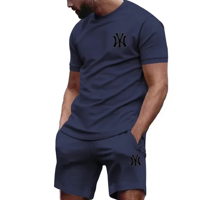 New hot selling 2026 men's two-piece sportswear short sleeved T-shirt and pants set running fitness summer