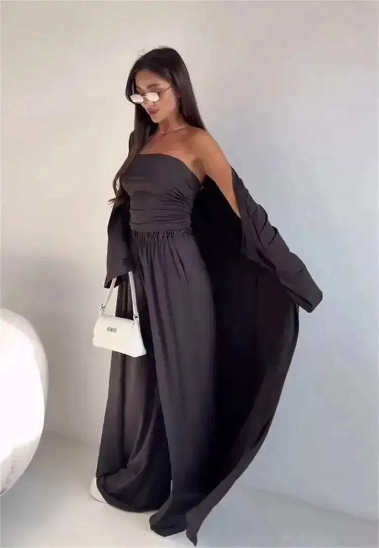Summer Women's Clothing Casual 3Pcs Strapless Vest Long Cardigan Wide-Leg Pants Suit Lady Elegant Office Wear Outfits for Female