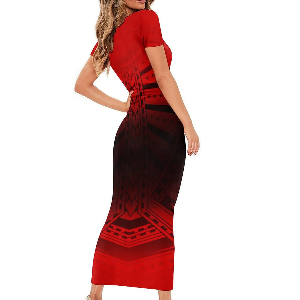 Support Custom Samoan National Dress Women'S Crew-Neck Maxi Dress Fashion Slit Dress With Men'S Short-Sleeved Shirt 9xl