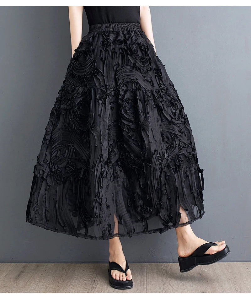 Black Skirt for Women Summer Fashin Heavyweight Chic Design Pleated A-line Easy Match Elastic Waist Dress Female Creative Skirt