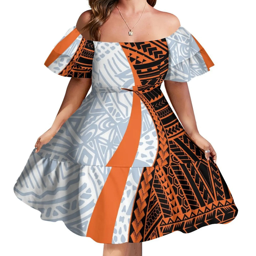 Tattoo Designs Customized On Demand Feature Ruffle Sleeve Dress Polynesian Traditional Tribe Short Dress For Evening 1 MOQ