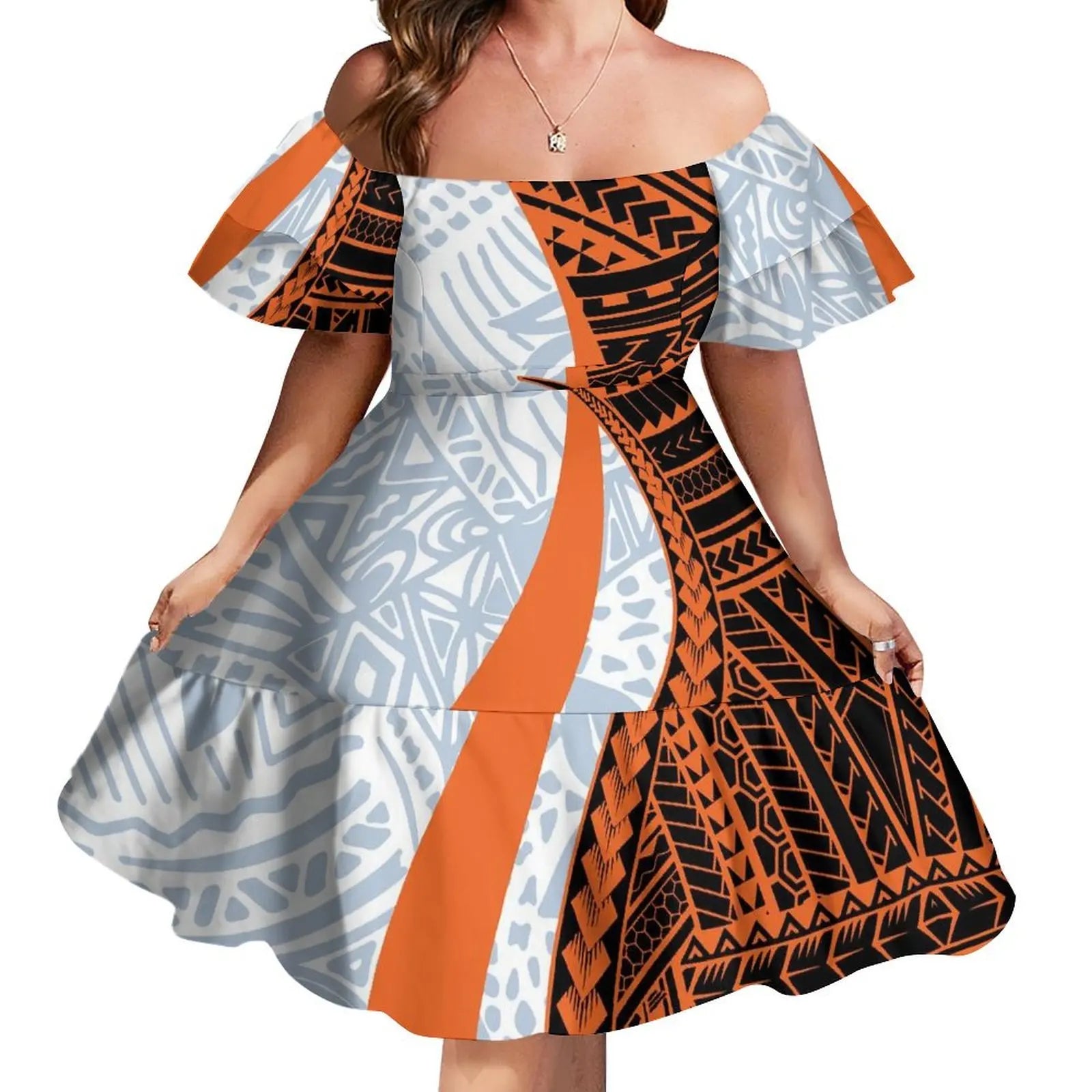 Tattoo Designs Customized On Demand Feature Ruffle Sleeve Dress Polynesian Traditional Tribe Short Dress For Evening 1 MOQ