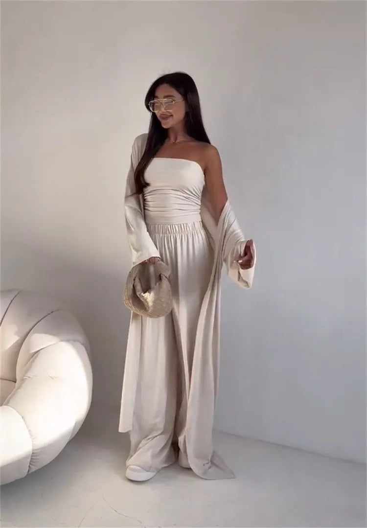 2 Piece Set Women's Summer Suit Black Crop Top Beige Wide Leg Pants Maxi Length White Long Pants Ruched Waist Solid Color