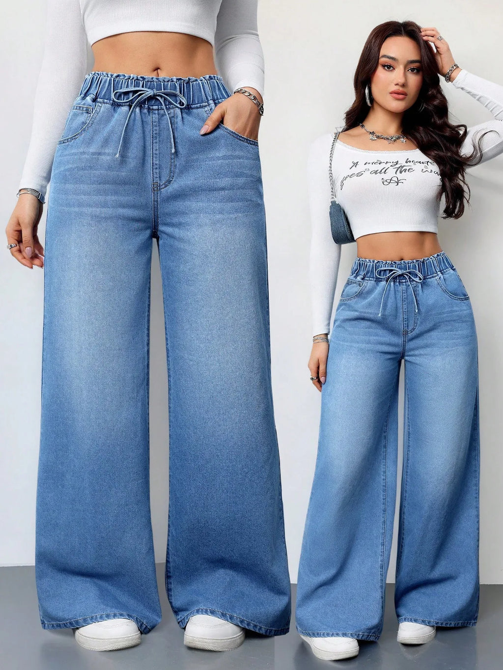 Wide Leg Pants Jeans Women Washed Denims Elastic Waist Lace Up Distressed Vintage Streetwear Female Full Length Loose Trousers