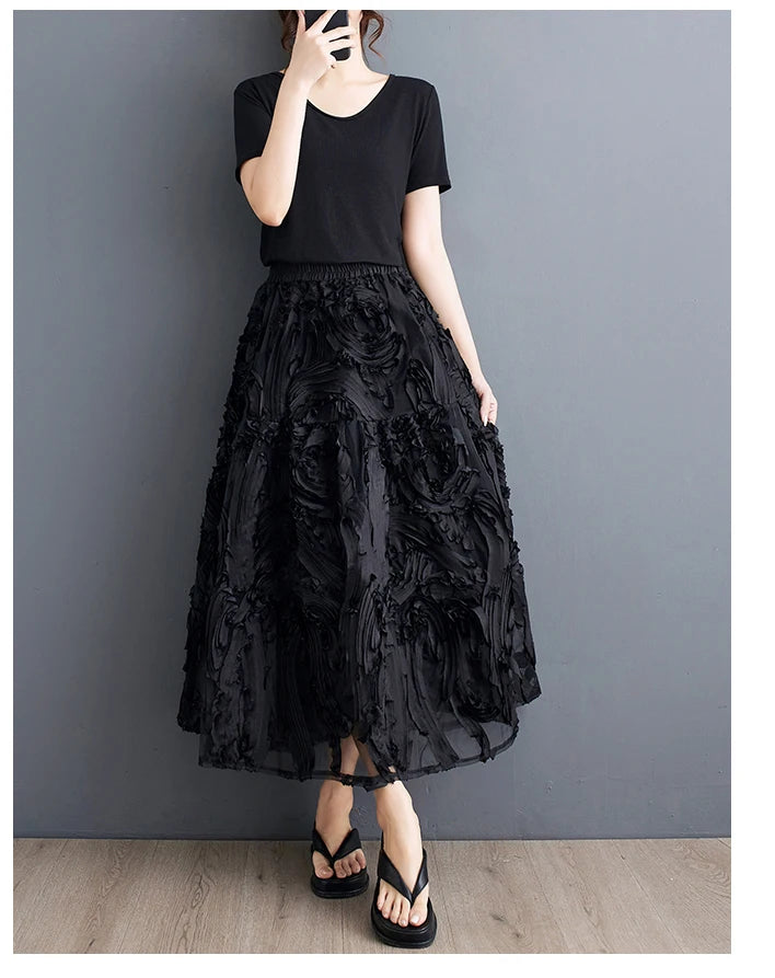 Black Skirt for Women Summer Fashin Heavyweight Chic Design Pleated A-line Easy Match Elastic Waist Dress Female Creative Skirt