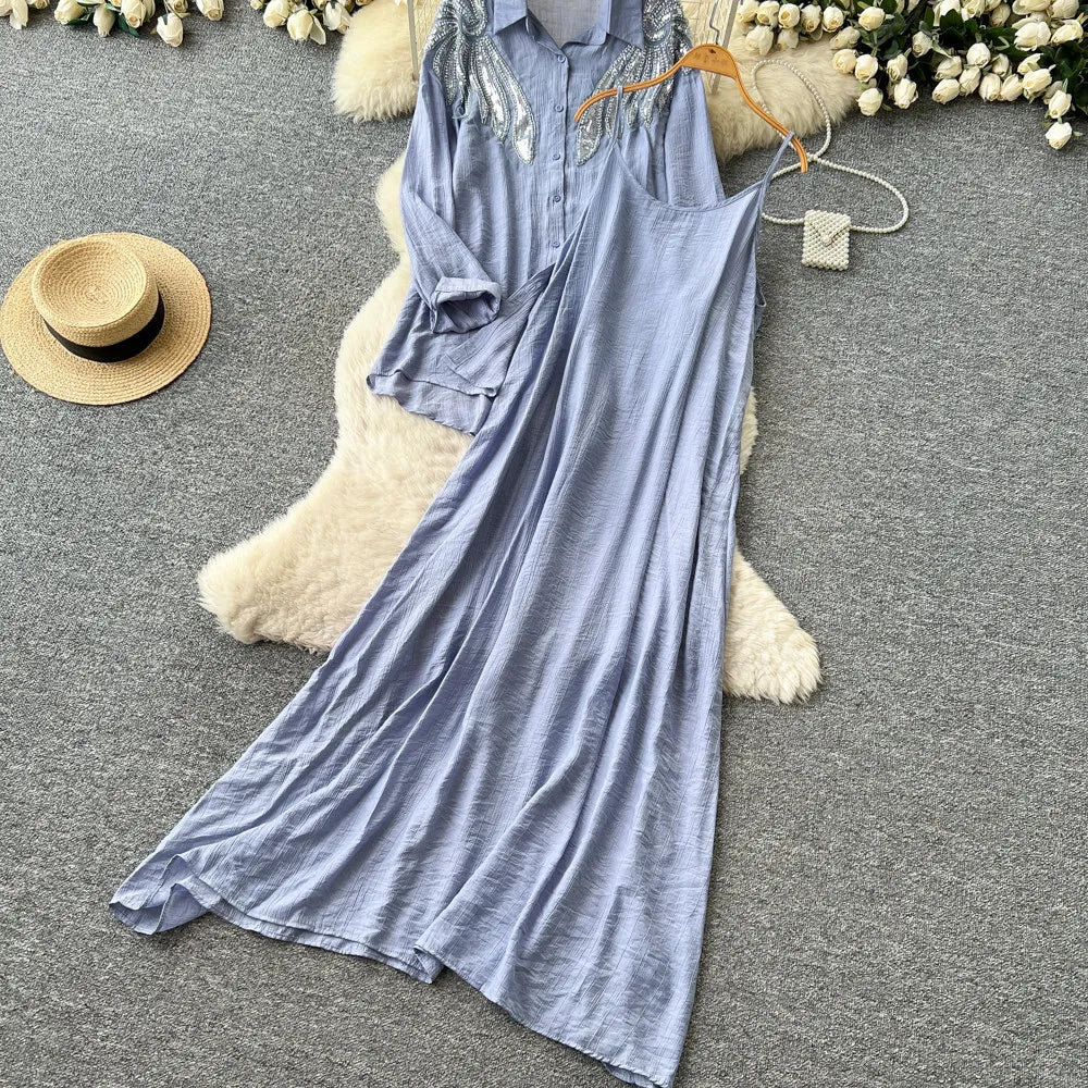 Women Two Piece Sets Dress Set Full Sleeve Shirt Casual Loose Long Dresses Sling A Line Y2k Streetwear Elegant Work Summer 2026