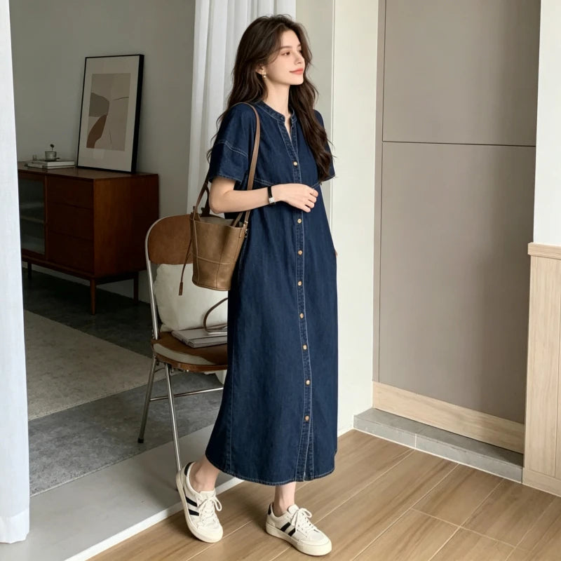 Long Dress Women Denim Dresses V Neck Short Sleeve A Line Vestidos Elegant Splice Single Breasted Y2k Streetwear Work Vintage