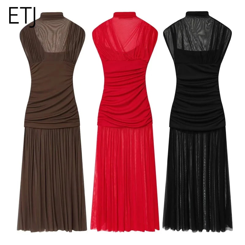 ETJ 2025 new women's party sexy see-through long dress fashion silk mesh stitching stand collar sleeveless dress