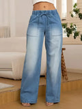 Women Jeans Wide Leg Pants Streetwear Denims Drawstring High Waist Washed Distressed Pockets Female Vintage Straight Trousers