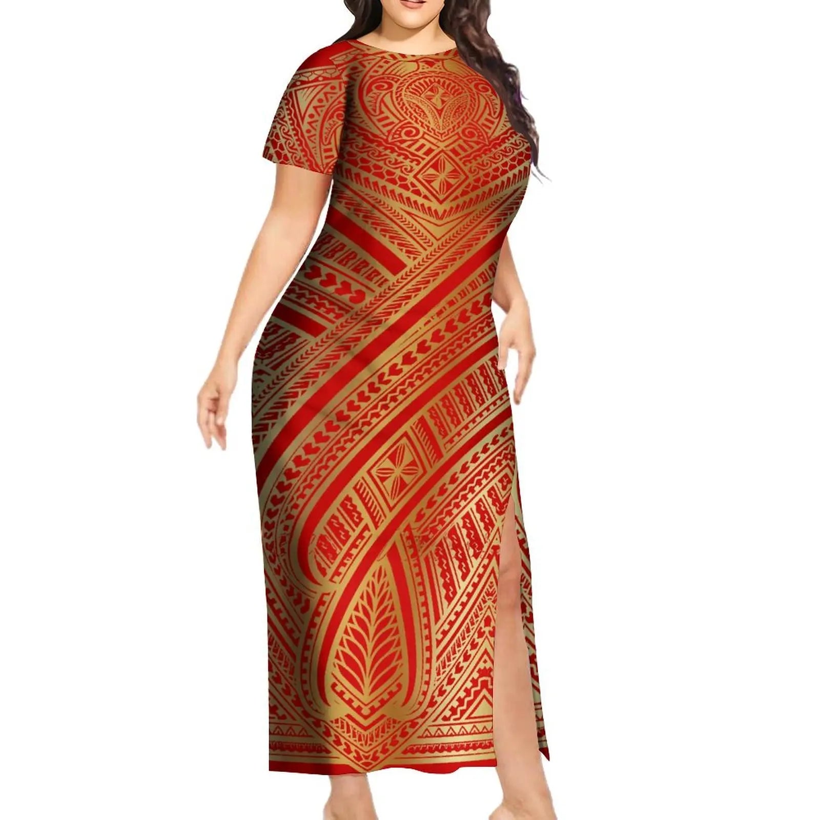 Support Custom Samoan National Dress Women'S Crew-Neck Maxi Dress Fashion Slit Dress With Men'S Short-Sleeved Shirt 9xl