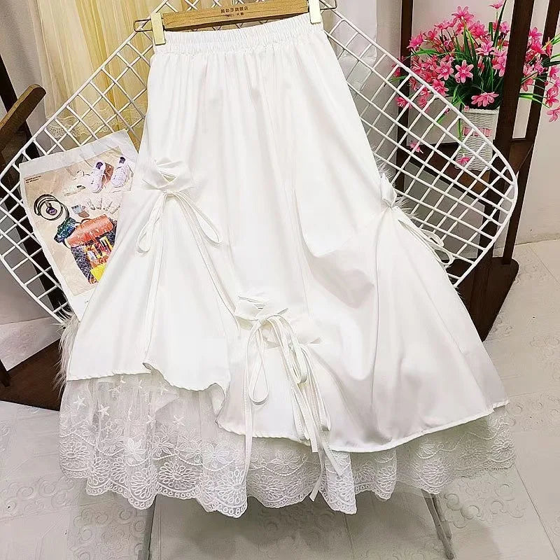 Japanese Style Women's Dull Black Long Dress High-Waisted Bow Spliced Lace A- Line Mid-Length Skirt Female Fashion