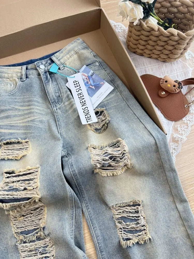 2025 Autumn New Retro Old Ripped Jeans Wide-leg Jeans Women Loose Pants Trousers Baggy Jeans