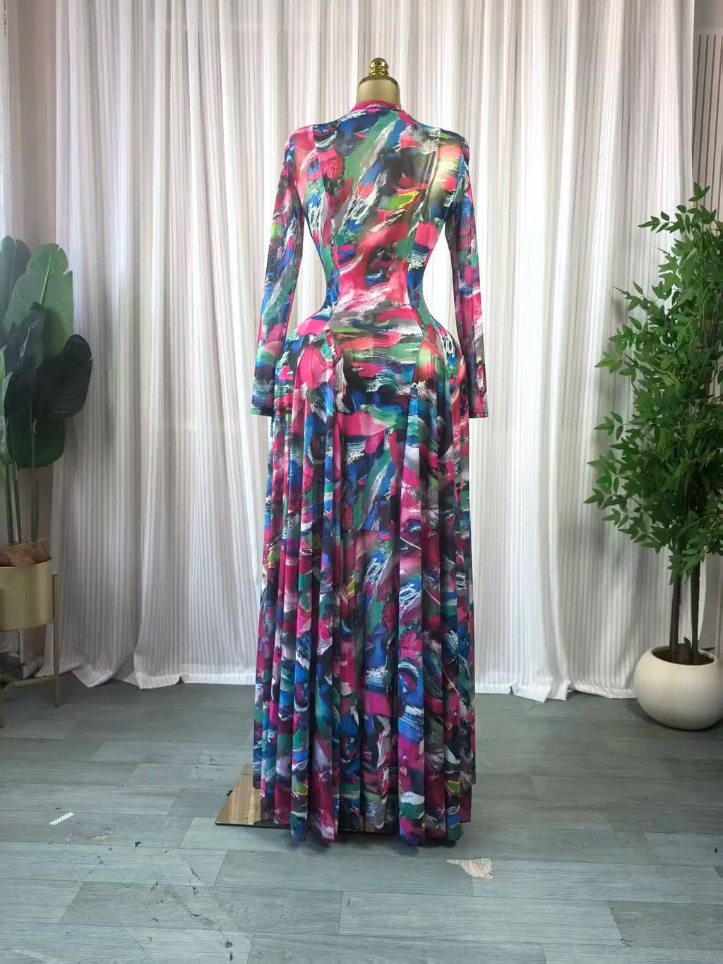 CM.YAYA Women O-neck Long Sleeve Big Swing Tie Dye Print Long Dress 2026 Sexy Parties Evening Vacation Maxi Dresses Vestidos