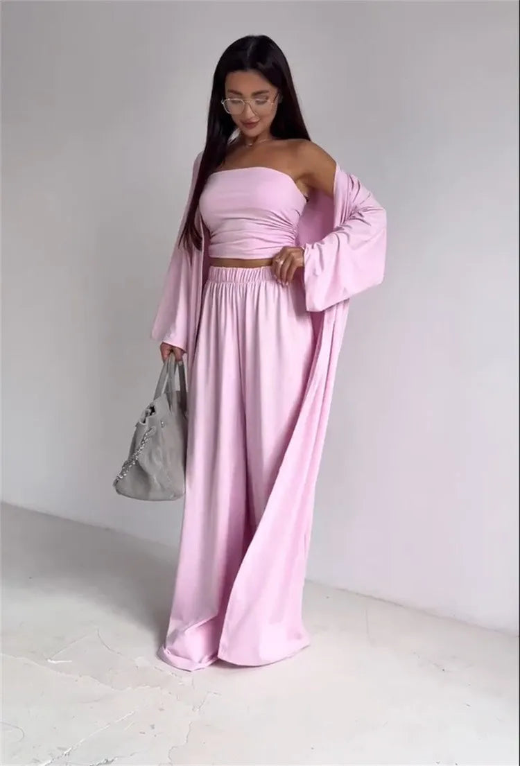2 Piece Set Women's Summer Suit Black Crop Top Beige Wide Leg Pants Maxi Length White Long Pants Ruched Waist Solid Color
