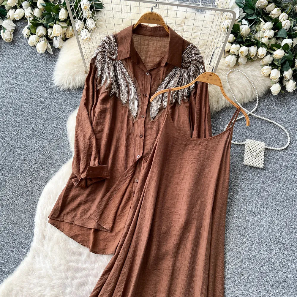 Women Two Piece Sets Dress Set Full Sleeve Shirt Casual Loose Long Dresses Sling A Line Y2k Streetwear Elegant Work Summer 2026