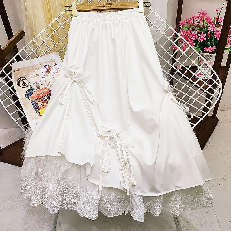 Japanese Style Women's Dull Black Long Dress High-Waisted Bow Spliced Lace A- Line Mid-Length Skirt Female Fashion