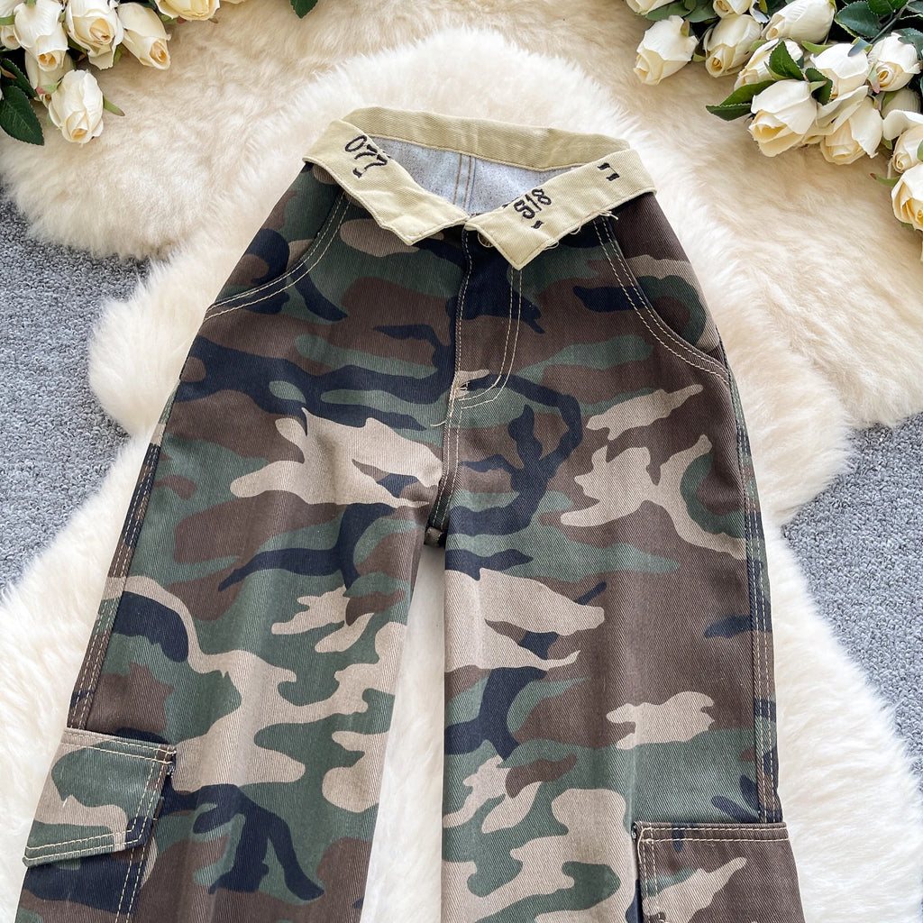 SINGREINY Camouflage Printed Wide Leg Pants women 2025 Autumn Workwear Style Casual Britches Straight Leg Denim Vintage Trousers