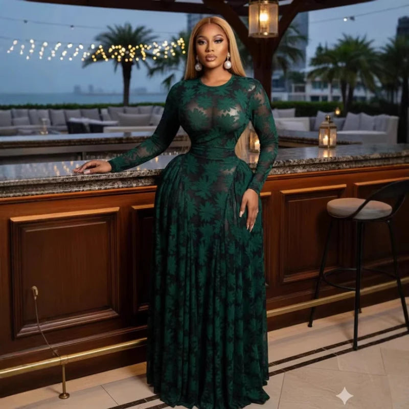 New Fashion Mesh Printed Full Sleeve Long Dress Sexy Patchwork Slim Wasit Big Swing A-line Shape Maxi Dress