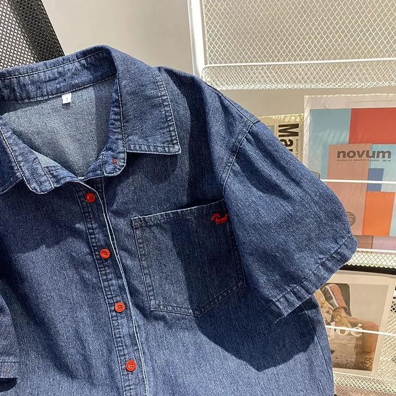 Denim Pant Set Women Two Piece Sets Turn Down Collar Shirt Tops Short Pants Lace Up Elastic Waist Y2k Streetwear Elegant Casual