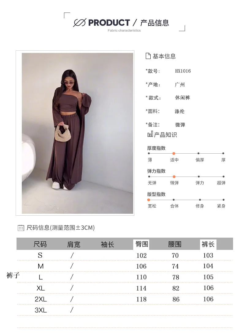 Summer Women's Clothing Casual 3Pcs Strapless Vest Long Cardigan Wide-Leg Pants Suit Lady Elegant Office Wear Outfits for Female