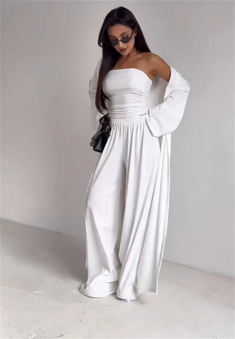 2 Piece Set Women's Summer Suit Black Crop Top Beige Wide Leg Pants Maxi Length White Long Pants Ruched Waist Solid Color