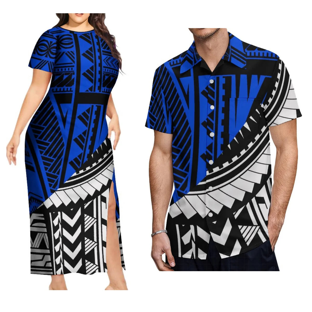 Support Custom Samoan National Dress Women'S Crew-Neck Maxi Dress Fashion Slit Dress With Men'S Short-Sleeved Shirt 9xl