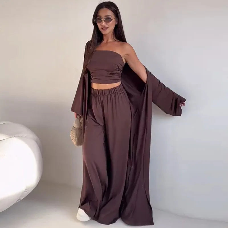 2 Piece Set Women's Summer Suit Black Crop Top Beige Wide Leg Pants Maxi Length White Long Pants Ruched Waist Solid Color