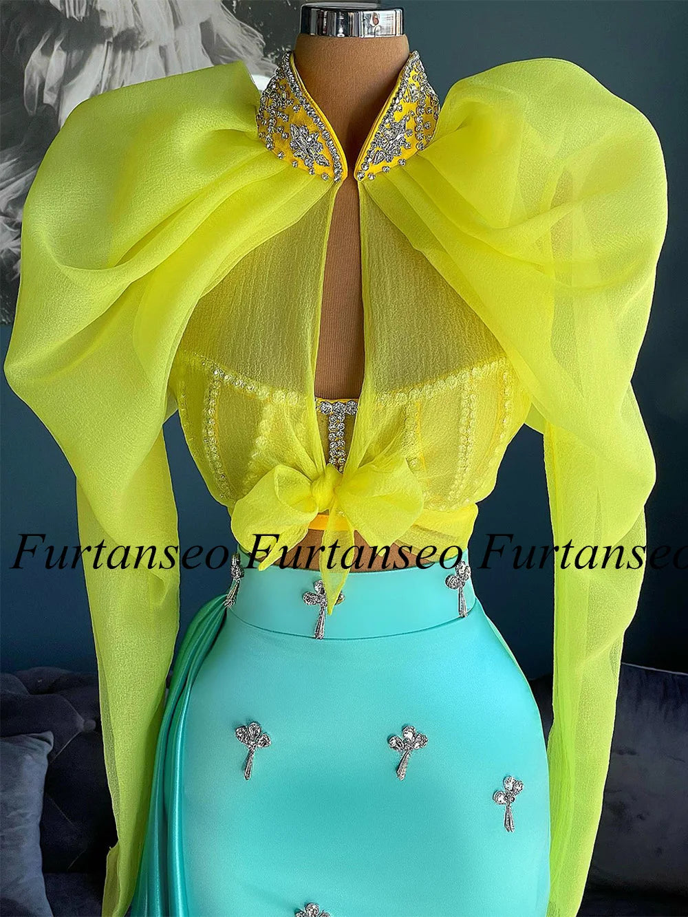 Exquisite Cocktail Dresses Puff Sleeves See Through Crystals Stones Tea Length Evening Dress Wedding Party Gown Candy Color