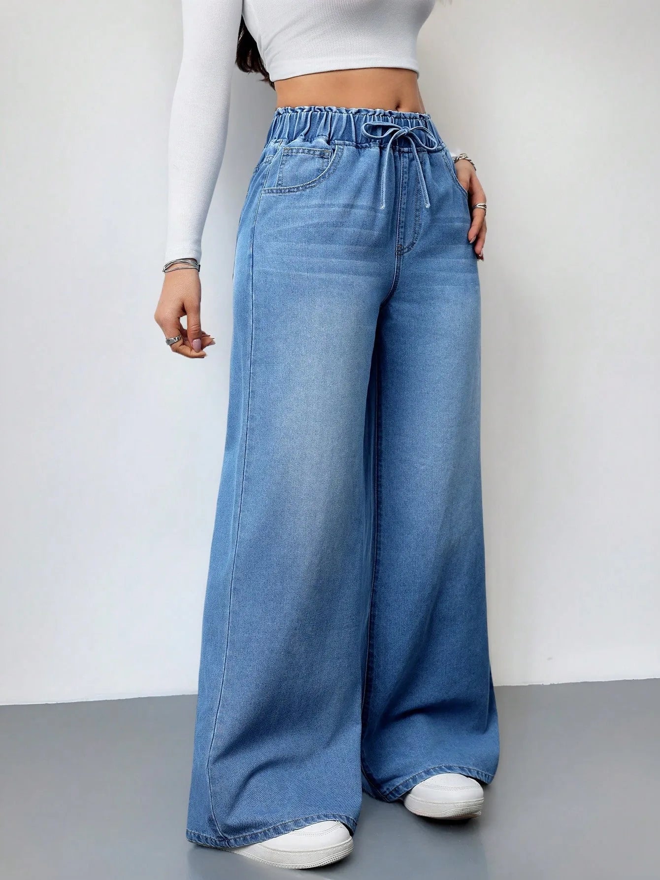 Wide Leg Pants Jeans Women Washed Denims Elastic Waist Lace Up Distressed Vintage Streetwear Female Full Length Loose Trousers