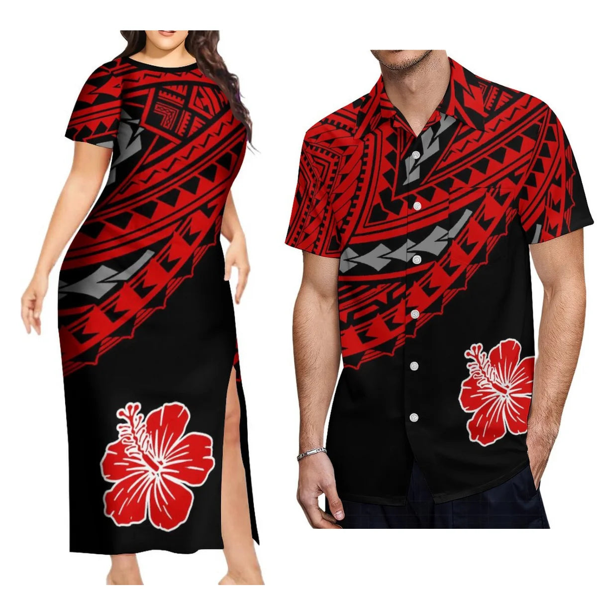 Support The Design Of Women'S Short Sleeve Dress Crew-Neck Samoan Polynesian Tribal Pattern And Hawaiian Men'S Shirt Couple Suit