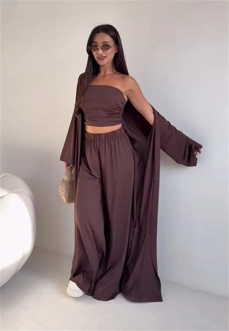 2 Piece Set Women's Summer Suit Black Crop Top Beige Wide Leg Pants Maxi Length White Long Pants Ruched Waist Solid Color