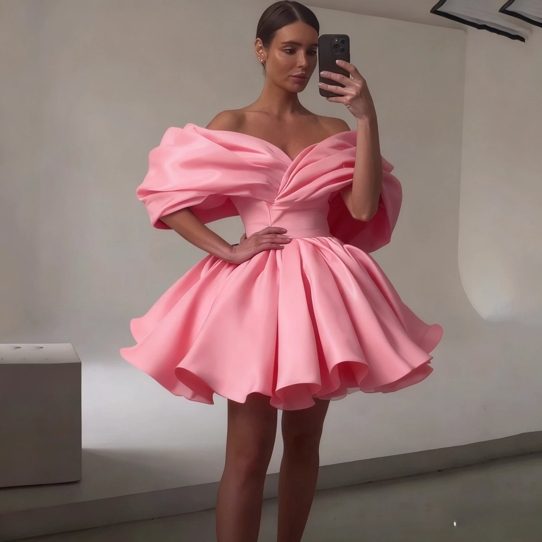 Black Mini Evening Dress Pleat Off the Shoulder Short-Sleeve Women Party A-Line Puff Short Custom Made V-Neck Gowns for Ladies