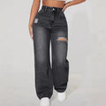 Washed Ripped Jeans, Women Four Seasons New Fashion Personality To Do Old Denim High Waist Straight Comfortable Wide Leg Pants