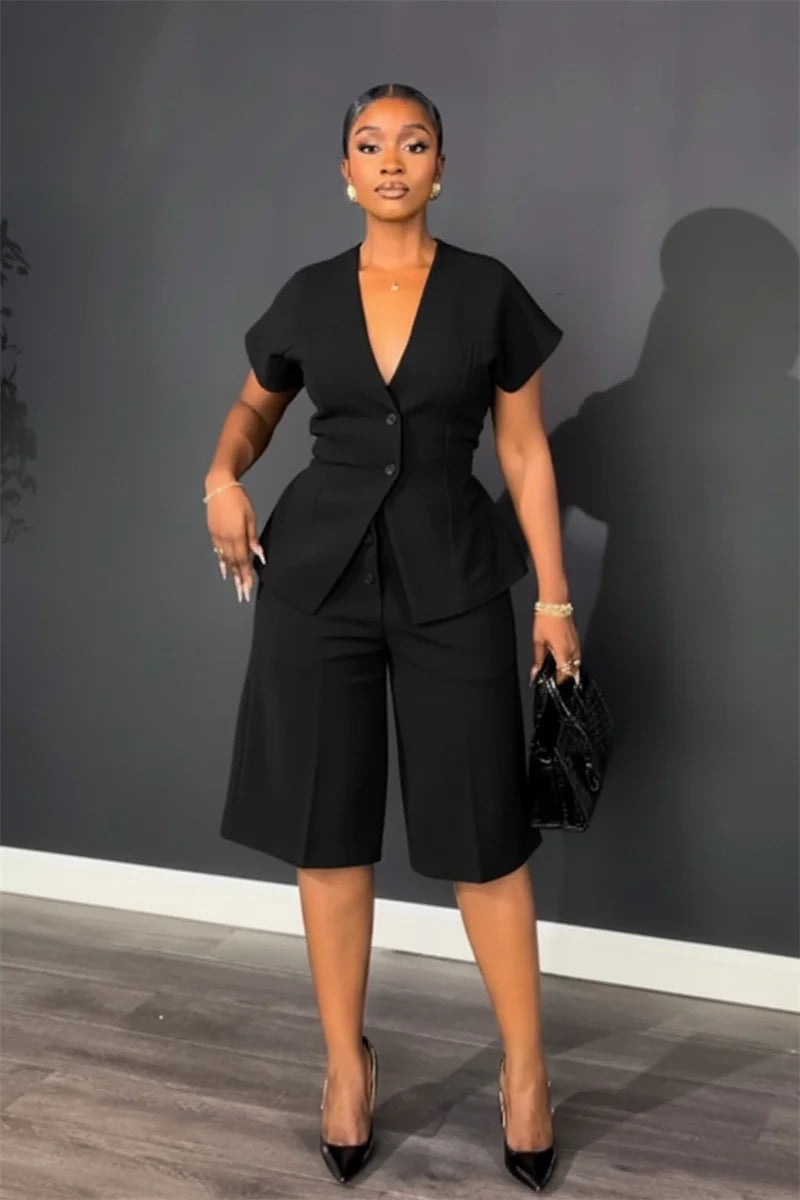 Doyerl Elegant Fashion Two Piece Set Woman Work Wear Office Lady Short Sleeve V-neck Top and Knee Length Shorts Matching Sets