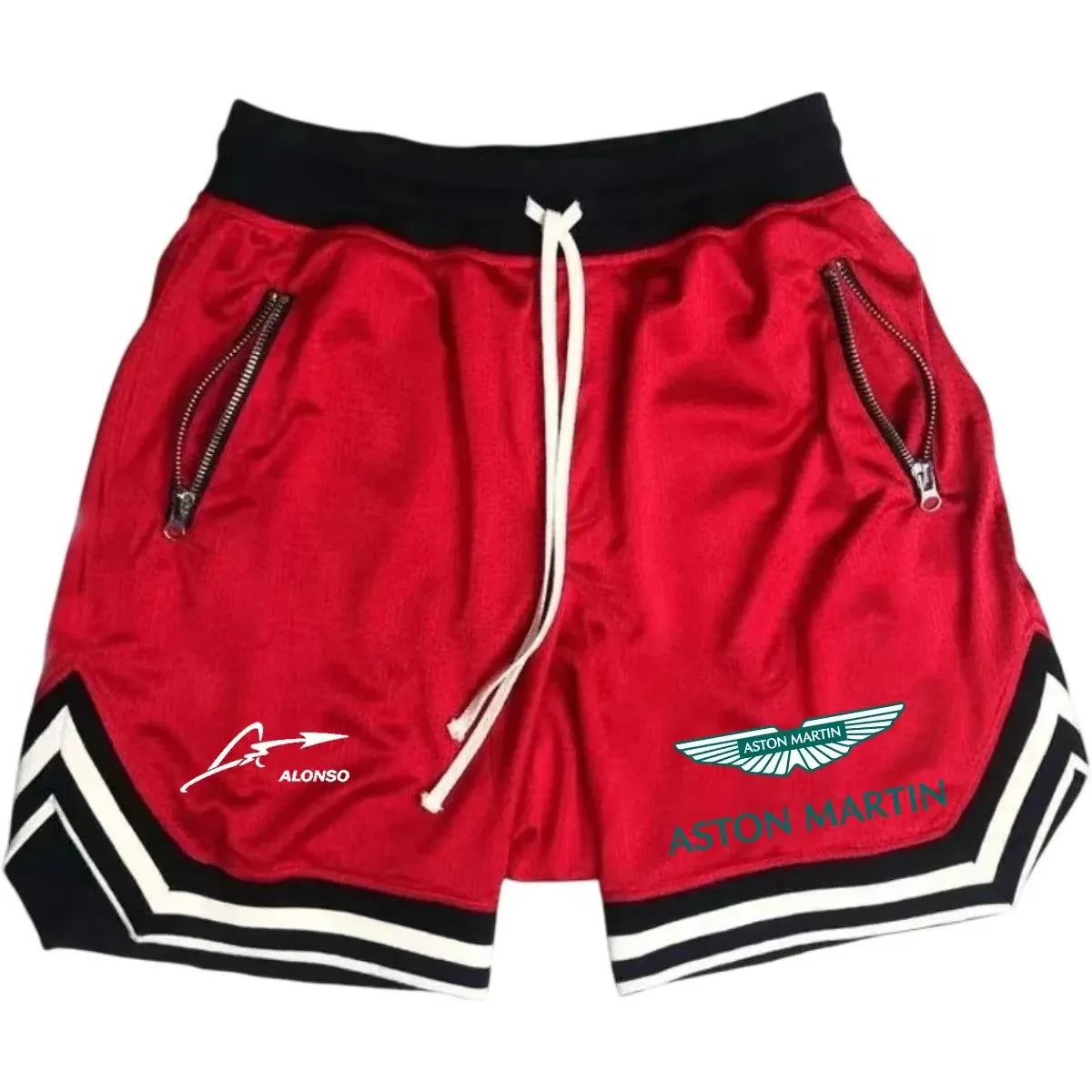 Men's Aston Martin Alonso Printed Mesh Basketball Shorts Breathable Elastic Waist Drawstring Sport Shorts with Zipper Pockets fo