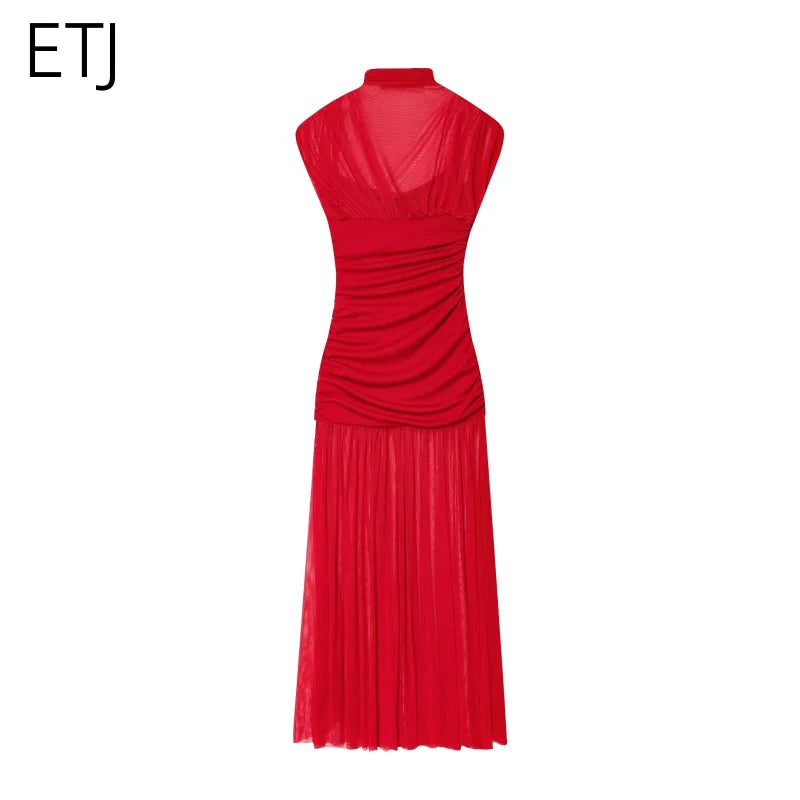 ETJ 2025 new women's party sexy see-through long dress fashion silk mesh stitching stand collar sleeveless dress