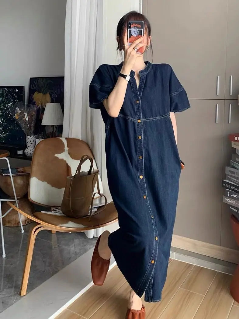 Long Dress Women Denim Dresses V Neck Short Sleeve A Line Vestidos Elegant Splice Single Breasted Y2k Streetwear Work Vintage